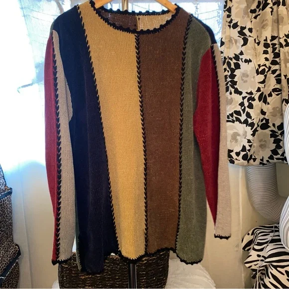 90’s Patchwork Colorblock Vintage Soft Chenille Knit Sweater Size Large - Picture 1 of 17